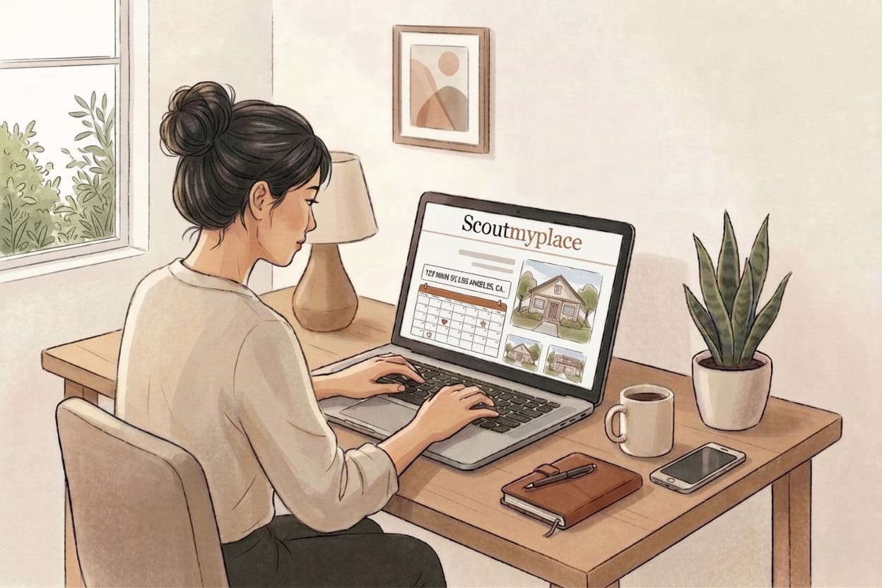 Illustration of a client booking a scout visit on a laptop