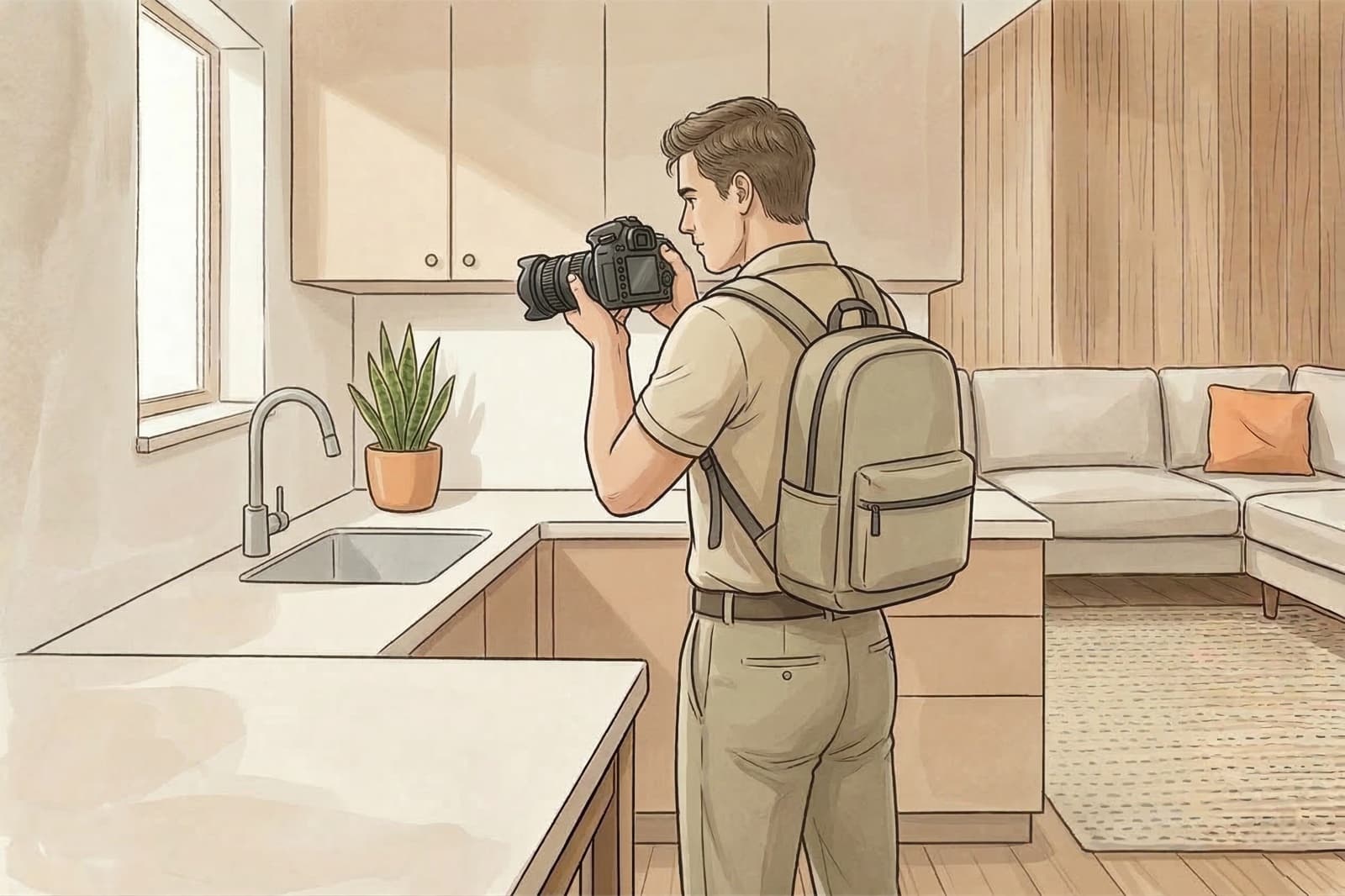 Illustration of a trained scout photographing the inside of an apartment